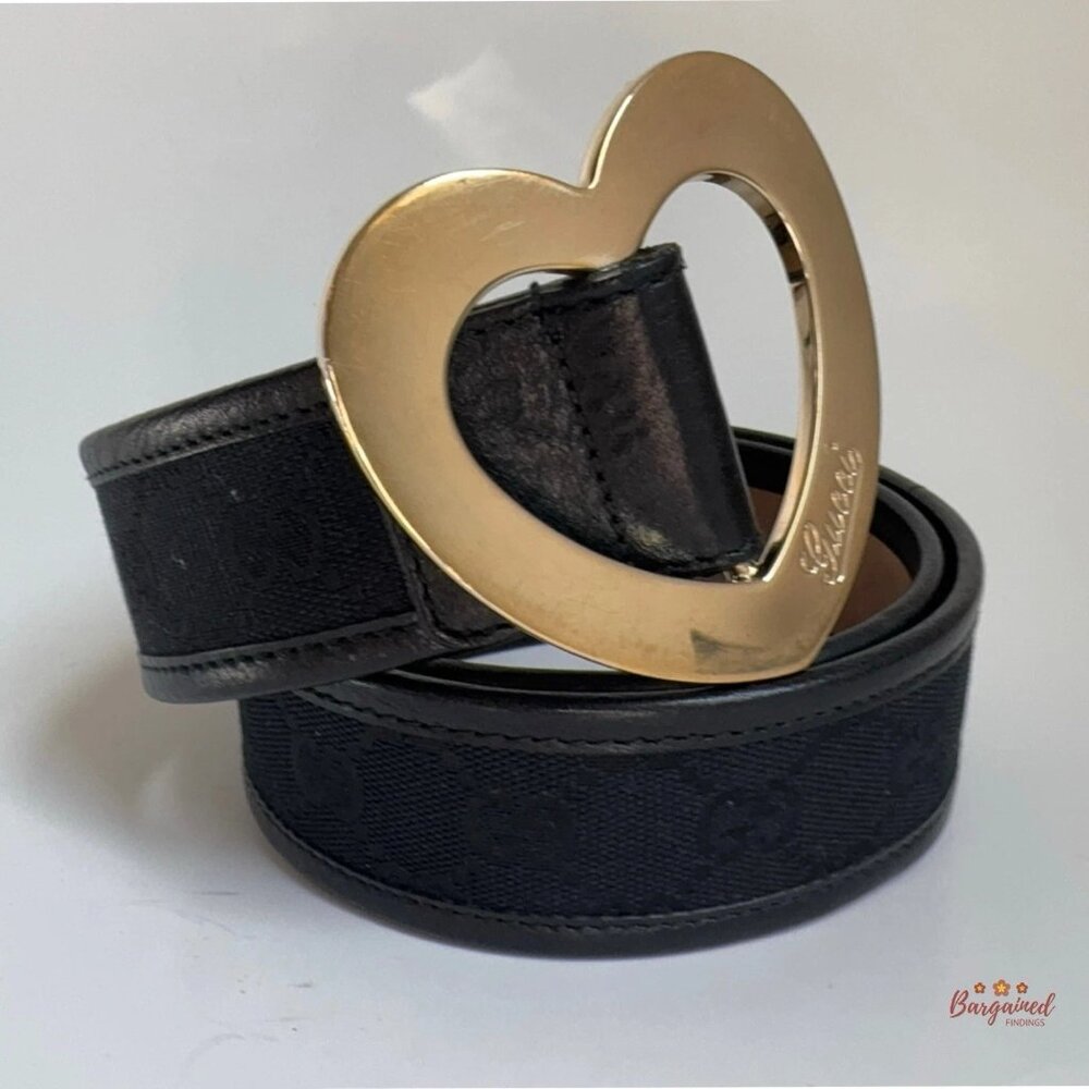 Authentic Gucci Black Monogram Canvas Leather Gold Heart Buckle Belt Size 75/30 - Picture 12 of 13